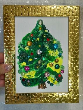 Handmade Glitter & Gem Christmas Tree Canvas in Gold Frame